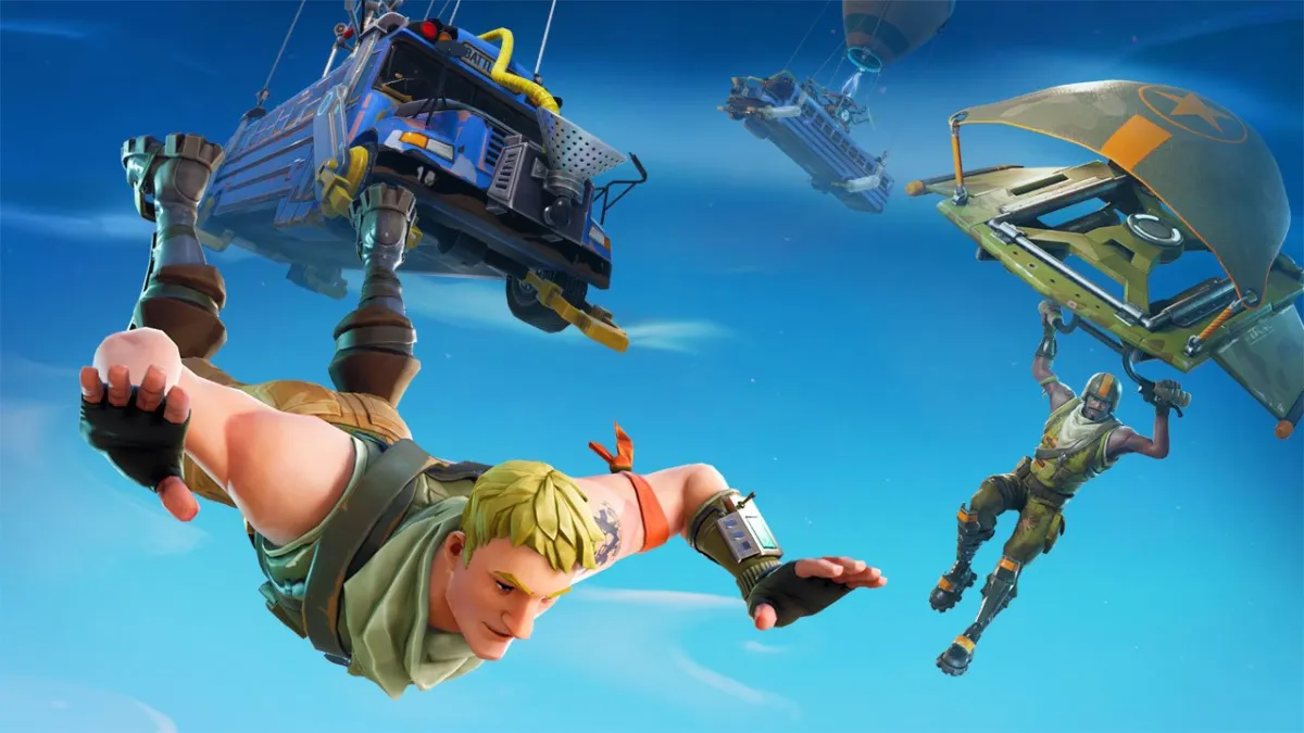 Fortnite Battlebus and players skydiving