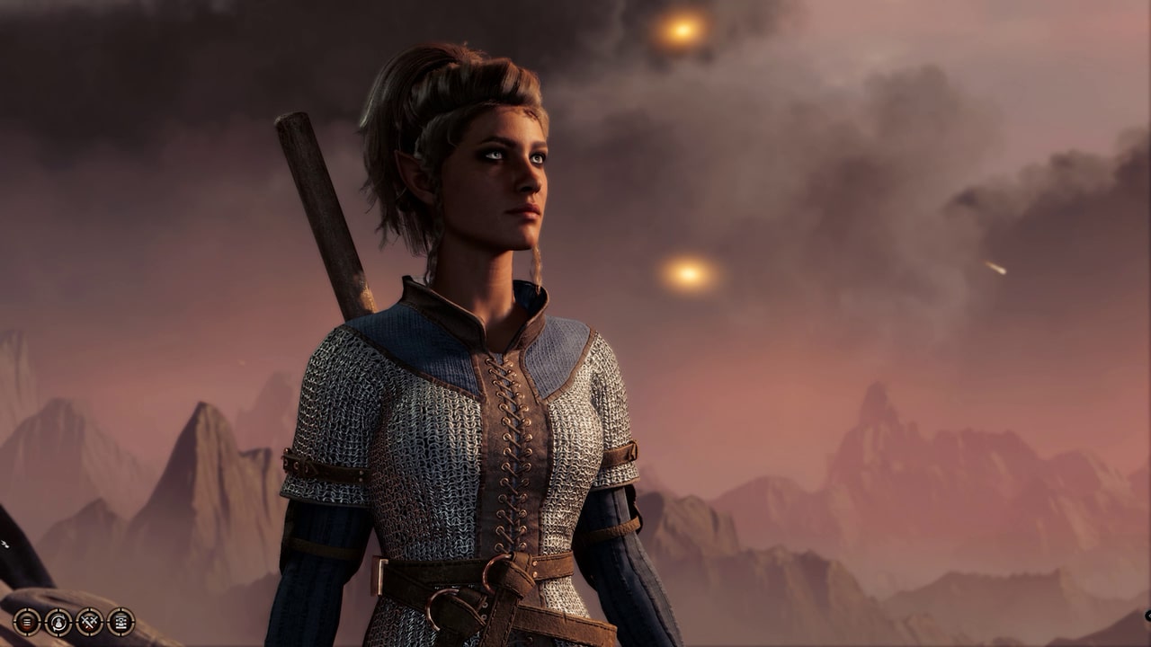 Baldur's Gate 3 Character Creation which showcases a character standing in front of a mountain-filled background.