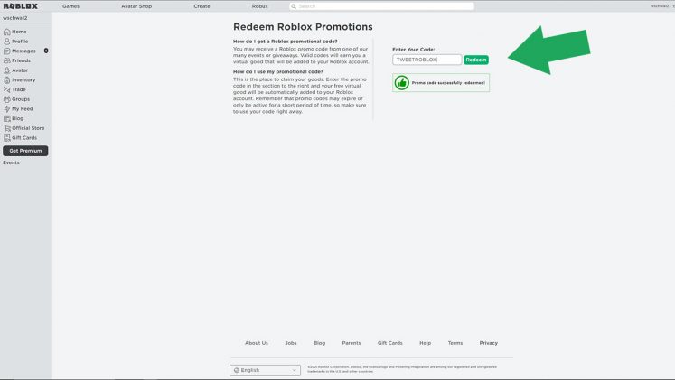 roblox redeem promocode