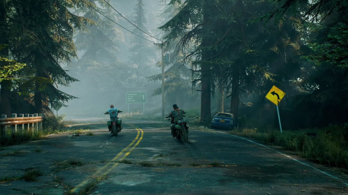 Two characters driving away on their motorcycle in the Days Gone PC features video