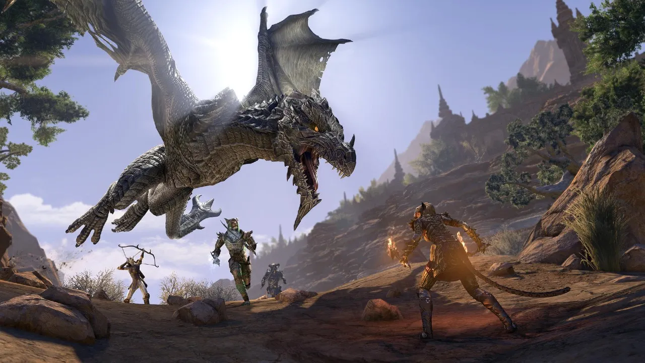Elder-Scrolls-Online-Fighting-a-Dragon