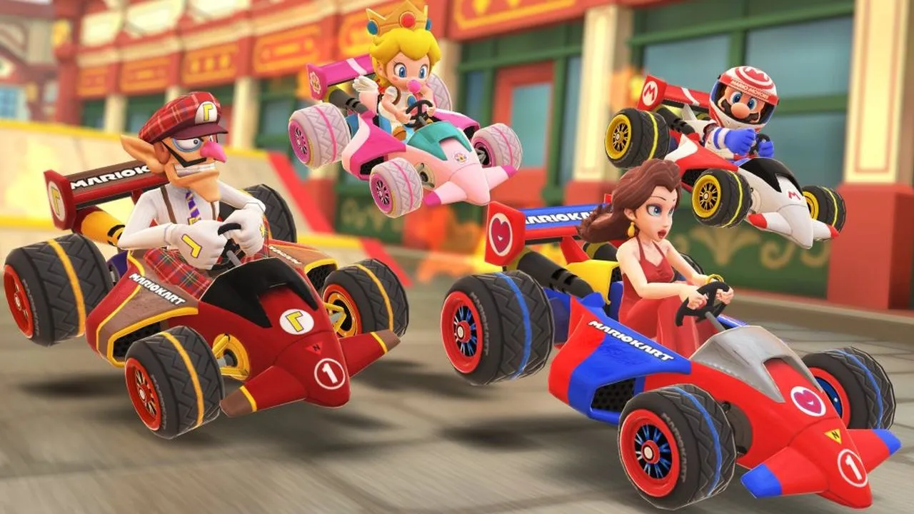 Mario, Pauline, Baby Peach and Waluigi racing together