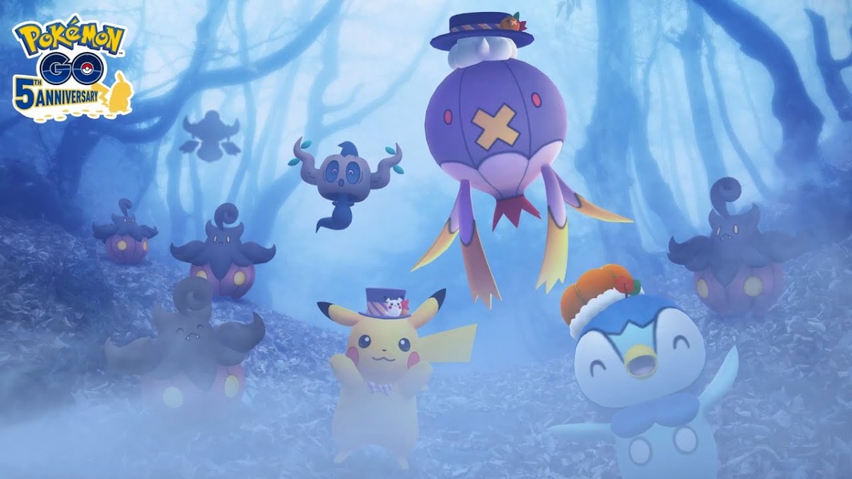 Pokémon GO Halloween Event image feating Pikachu, Drifblim and Piplup in Halloween outfits, as well as Phantump and Pumpkaboo
