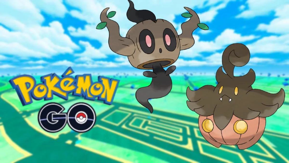 Pumpkaboo and Phantump on a Pokémon GO background