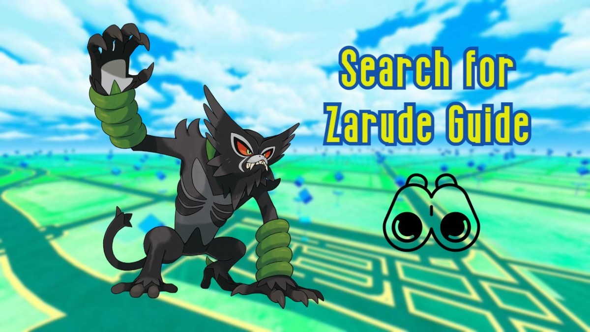 Zarude on a Pokémon GO background with the Research Task icon and titles 'Search for Zarude Guide'