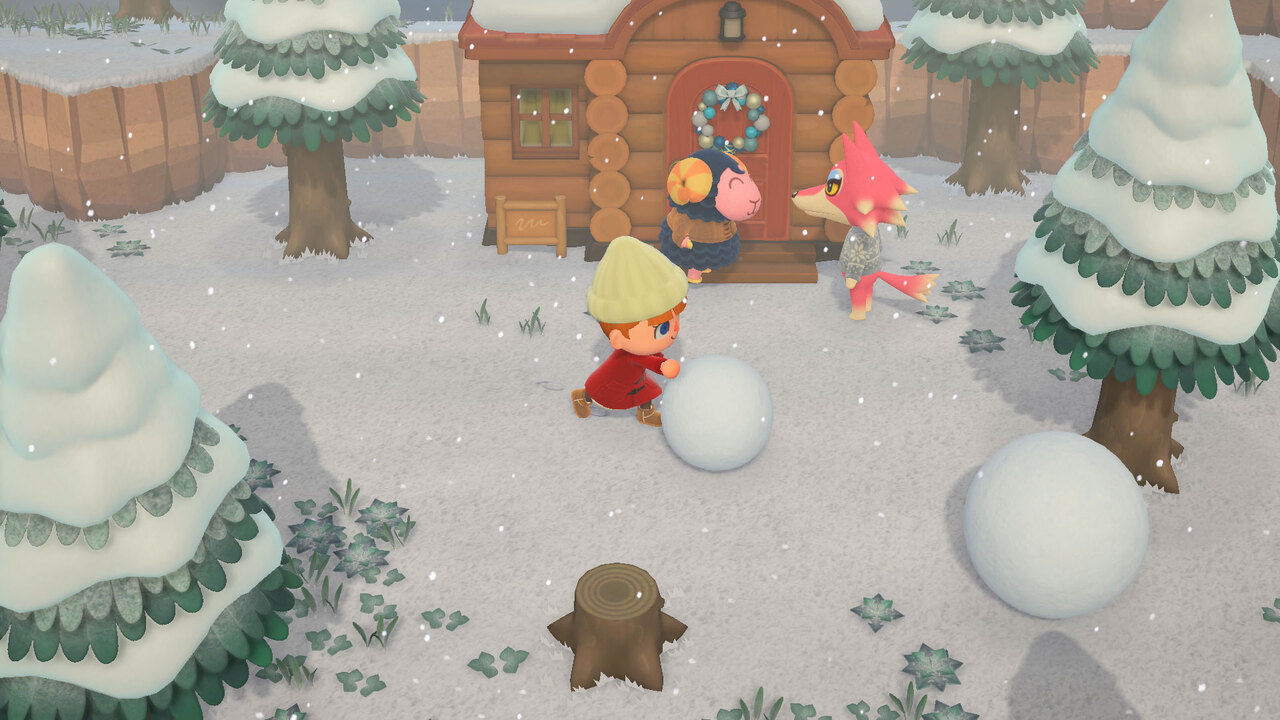 Player pushing snow in Winter environment for Animal Crossing New Horizons
