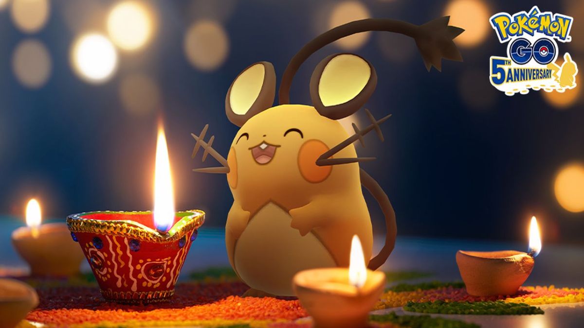 Dedenne celebrating the Festival of Lights in Pokémon GO