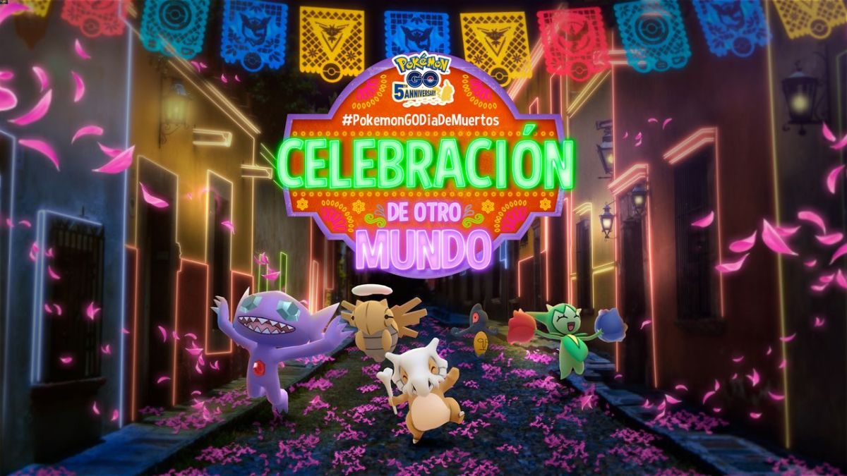 Pokémon GO Día de Muertos promo image, featuring Shedinja, Sableye, Cubone and ROselia