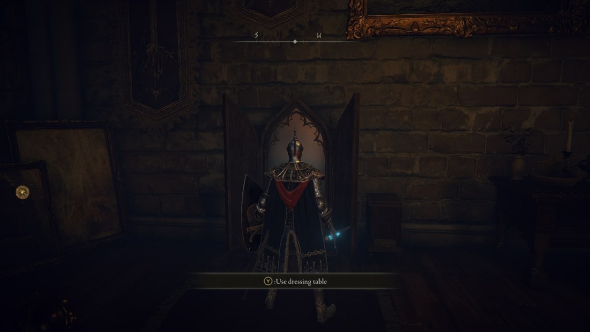An in-game screenshot that depicts the dressing table that can be used to remove red eyes in Elden Ring