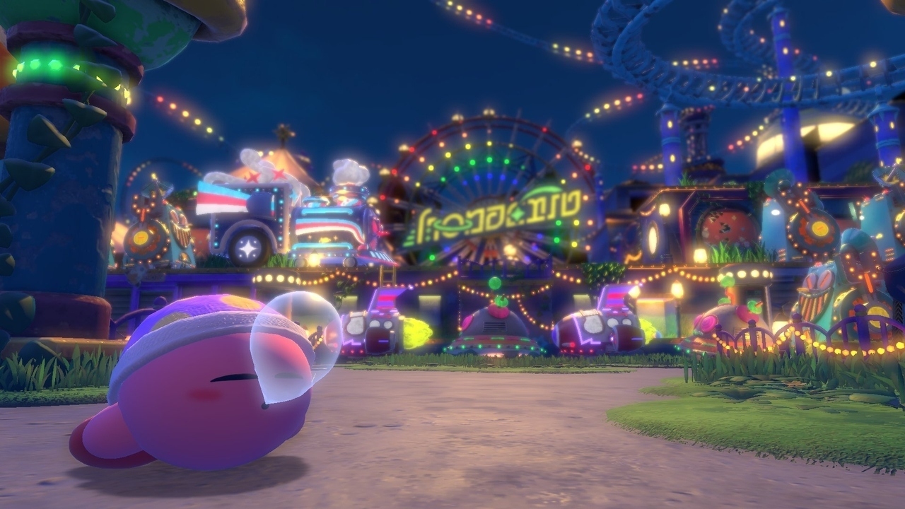 A screenshot depicting a sleeping Kirby in Kirby and the Forgotten Land