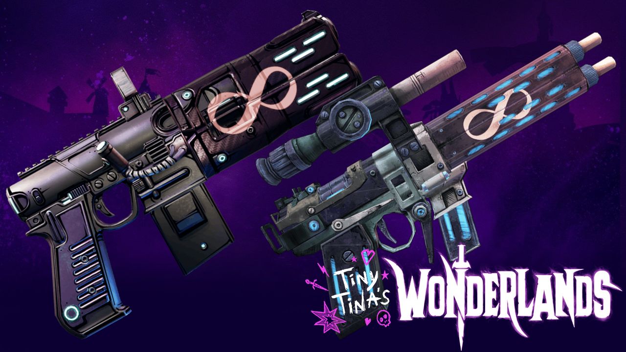 Infinity ammo. Пистолет бесконечности. Tiny Tina's Wonderlands пистолет. Borderlands Эридианцы логотип. ИС. Дикси.  Пистолет.