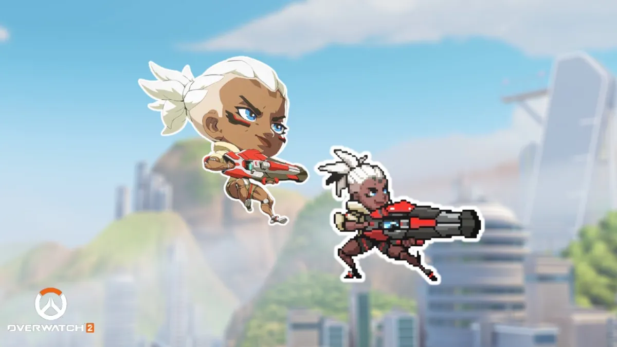 Sojourns Cute and Pixel sprays in Overwatch 2, depicting her in a chibi and 16-bit art-style, respectively