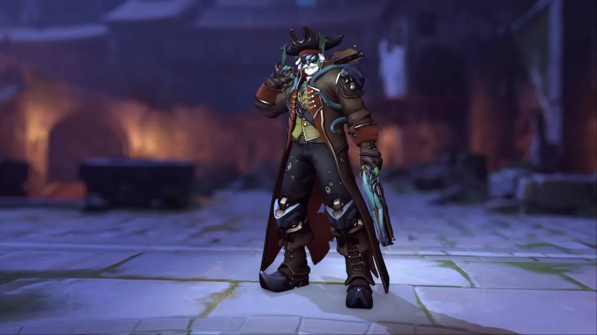 The free Reaper skin, 'Cursed Captain', in Overwatch 2. Reaper is dressed as a pirate, with green, ghostly skin, and a white beard