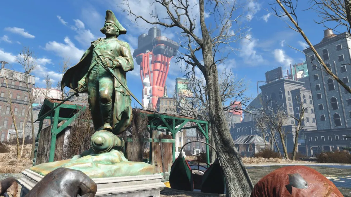 Image of the player close to the Diamond city area within Fallout 4 wielding a boxing glove next to a statue.