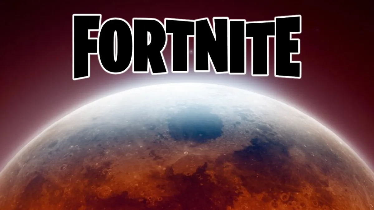 The top of planet similar to Earth, with an eery red sky surrounding it. A teaser for Fortnite Chapter 4