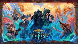 Key art for Hearthstone''s March of the Lich King expansion, which focuses on The Lich King riding his horse, Invincible. He is surrounded by various characters featured in the expansion; primarily ones from Death Knight cards