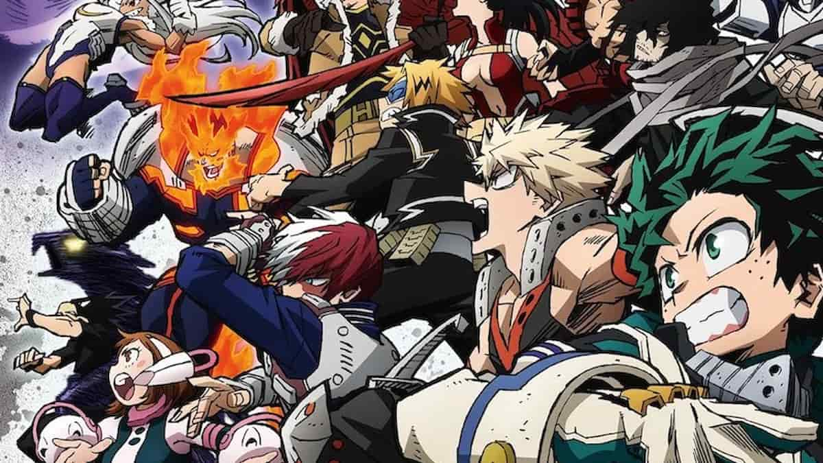 My Hero Academia official visual featuring the main cast in their hero gear preparing for battle.