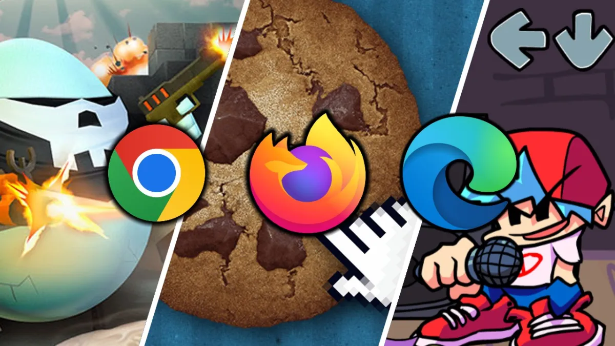Chrome, Firefox and Edge logos on top of a background of three browser games: Shell Shockers, Cookie Clicker, and Friday Night Funkin