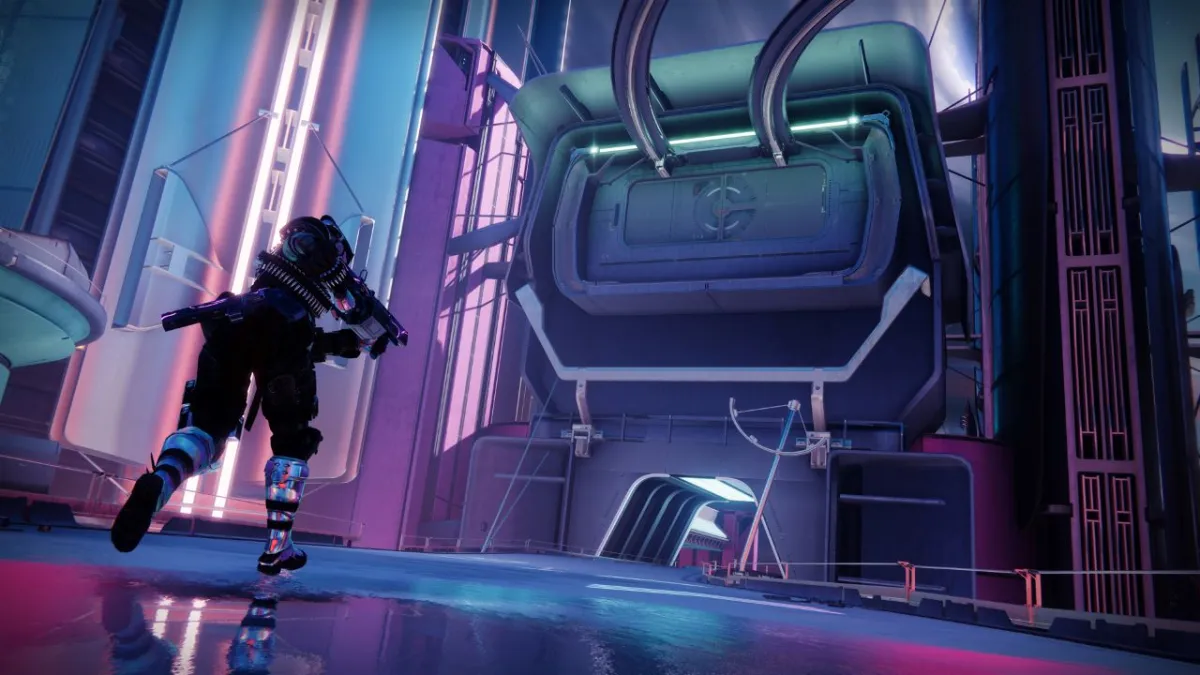 Image showcasing Guardian running through Neon-lit area in Destiny 2 Lightfall.
