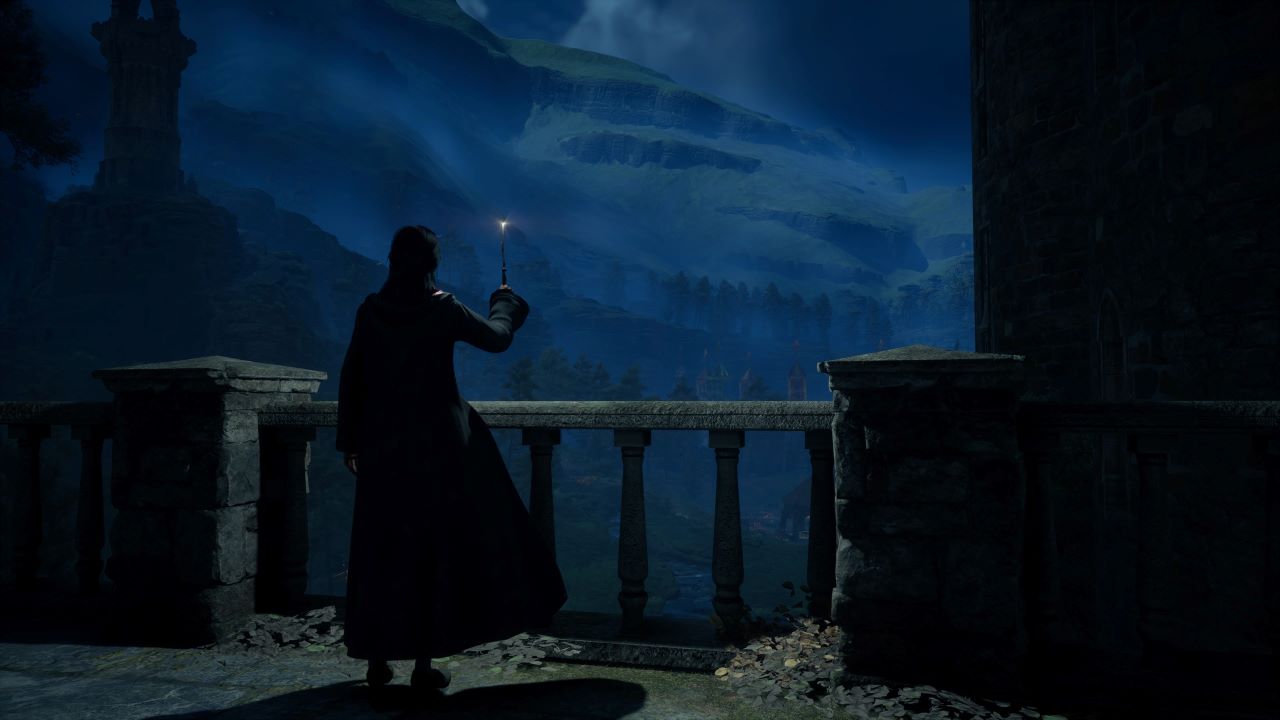 An image of the Player Character overlooking the Wizarding World.