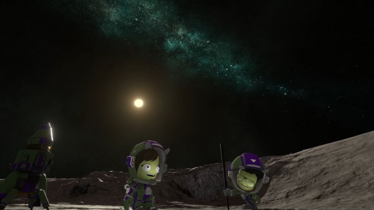 Image of Kerbals on a planet/moon in space.