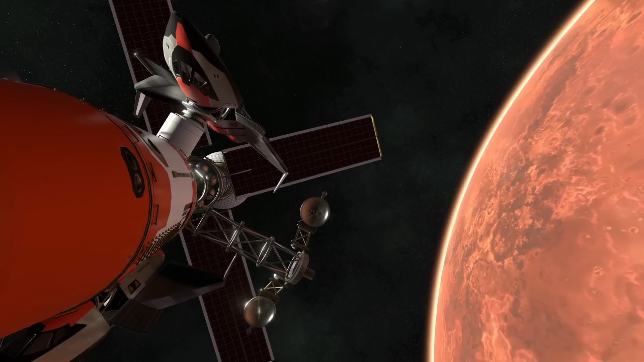 Image of a planet and spaceship in Kerbal Space Program 2.