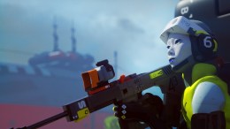 A character from Bungie's Marathon game wielding a futuristic sniper, neon clothing, and a white mask