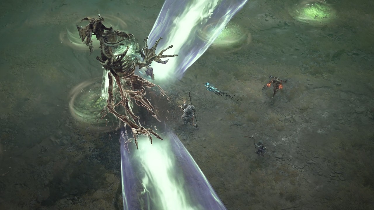 Three players fighting a colossal skeletal boss in Diablo 4