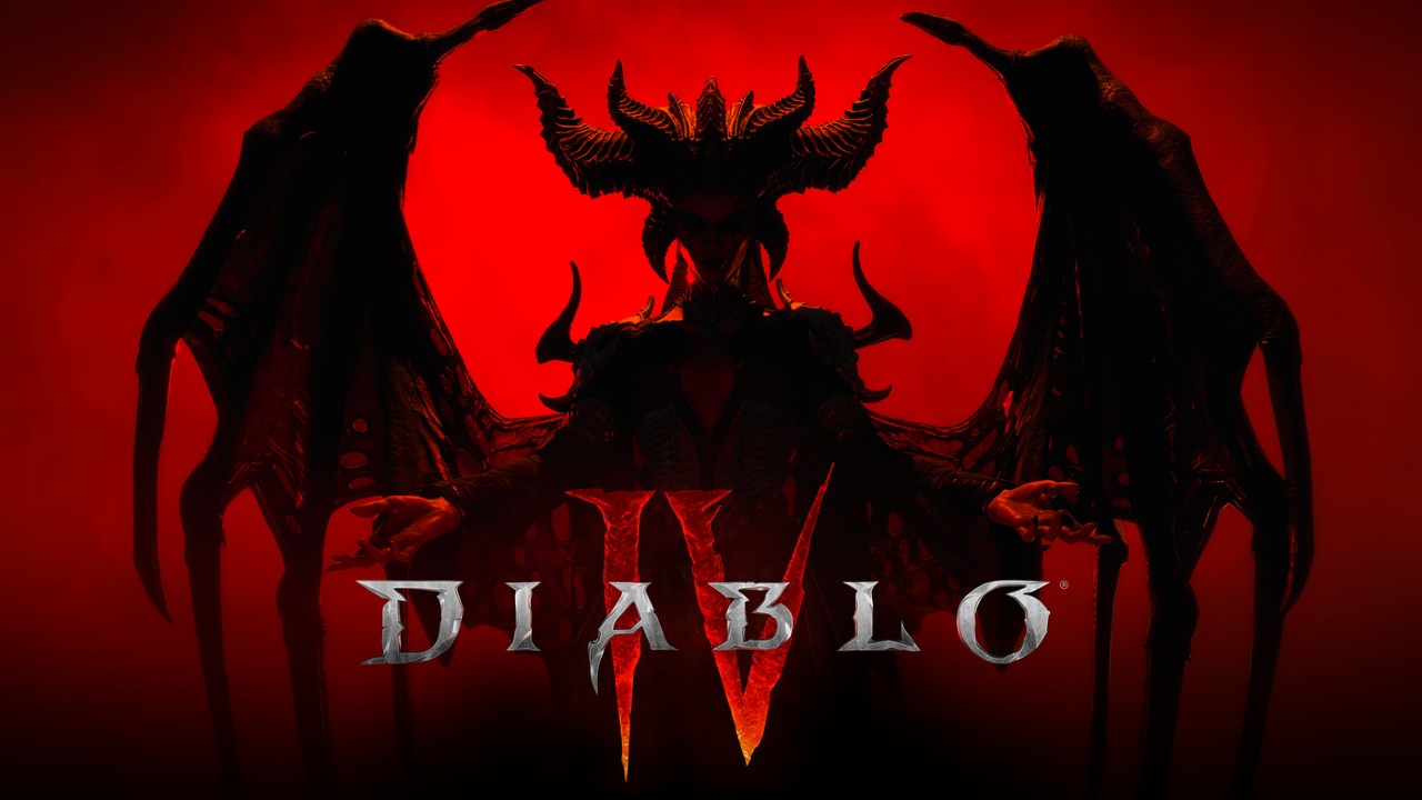The title 'DIABLO IV' in front of a silhouette of Lilith, a demon from the game