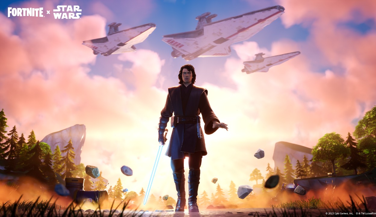 Anakin Skywalker in Fortnite holding a lightsaber. He's causing rocks to float in front of him, and multiple Venators can be seen in the sky above