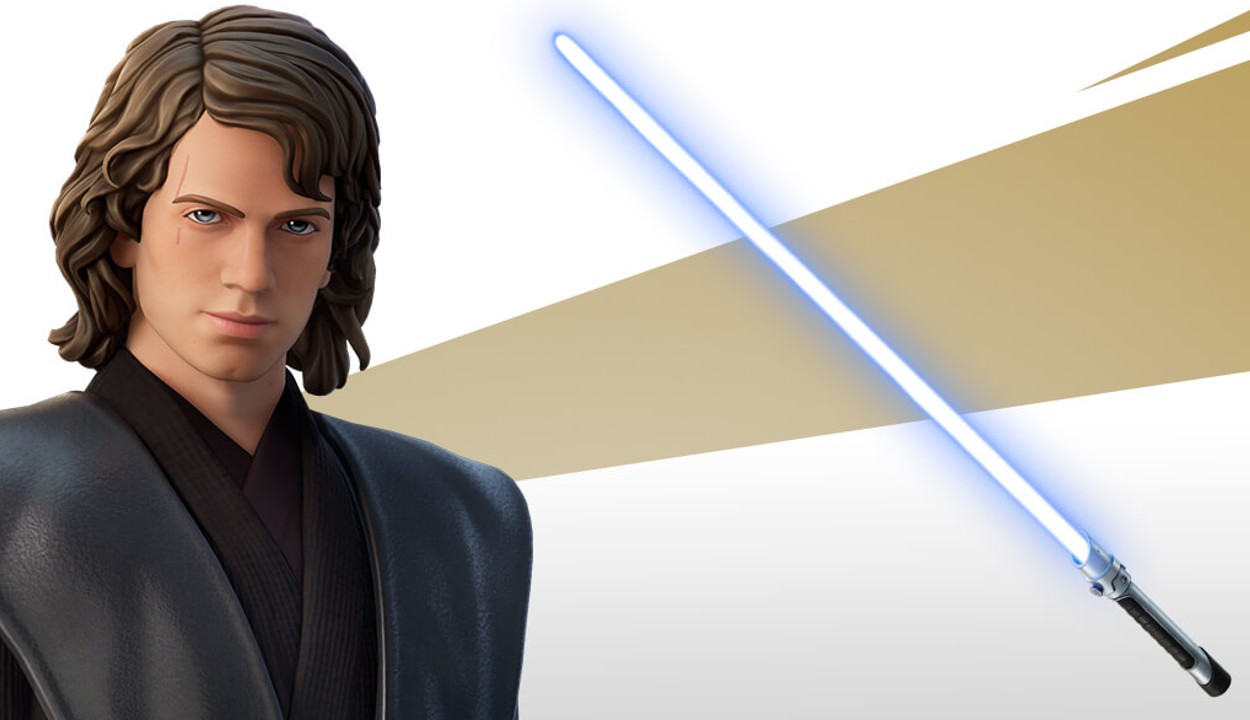Anakin Skywalker in Fortnite posed next to his Lightsaber weapon