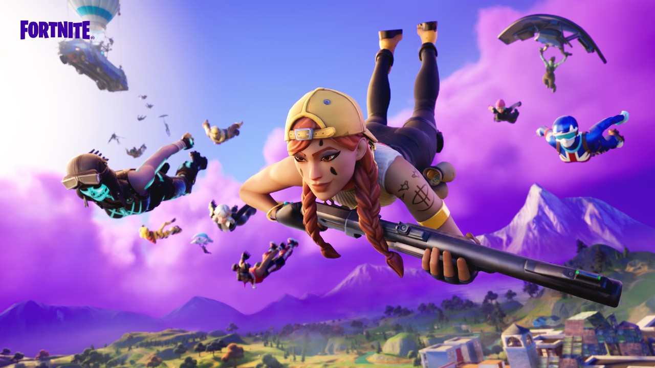 Fortnite Arena featuring Aura and other popular skins dropping from the Battle Bus