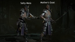 Two Necromancers in Diablo 4 with Titles above their head. One is 'Salty Mess,' and the other is 'Mother's Goat'