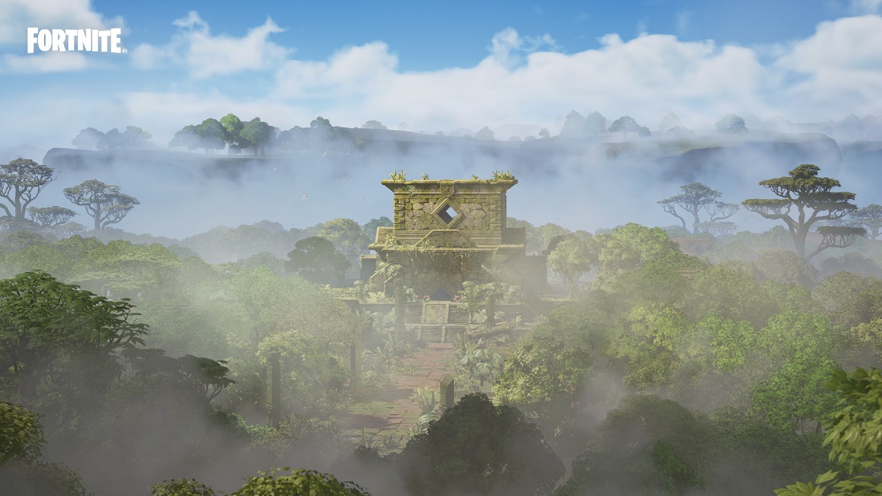 A Fortnite screenshot of an ancient temple in a jungle, surrounded by fog