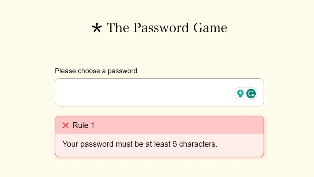 Image of The Password Game Rule 1 on screen which requires 5 characters.