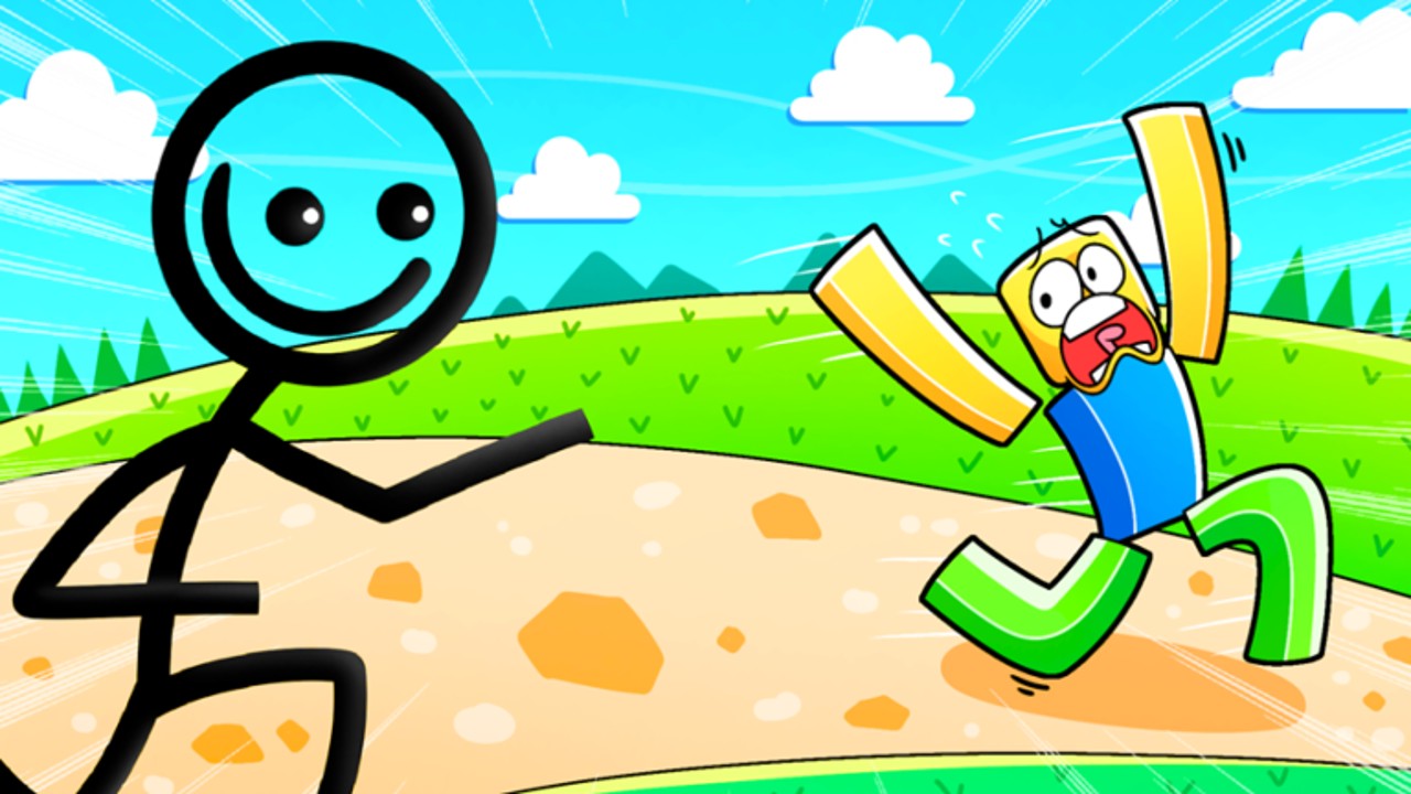 A cartoon drawing of a stickman chasing a Roblox character