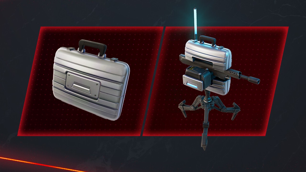 An image of a silver briefcase in Fortnite. Next to it is the same briefcase, now transformed into a turret