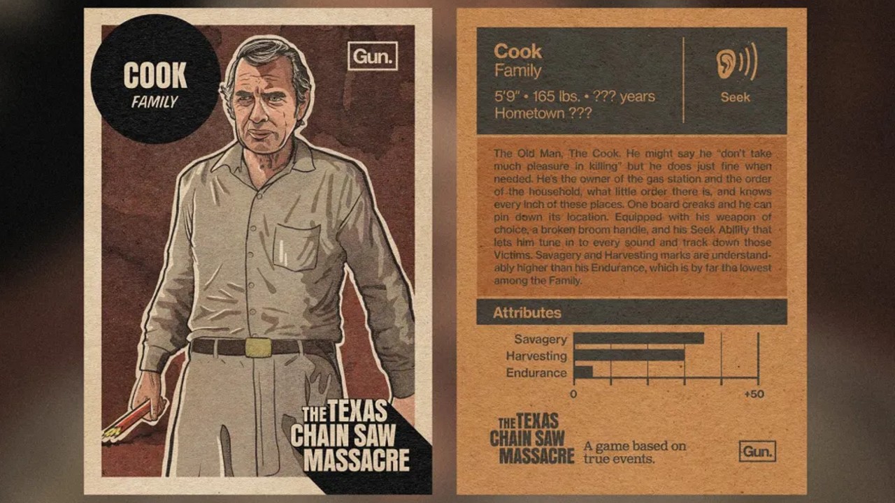 70s pulp style infographic about Cook in The Texas Chainsaw Massacre
