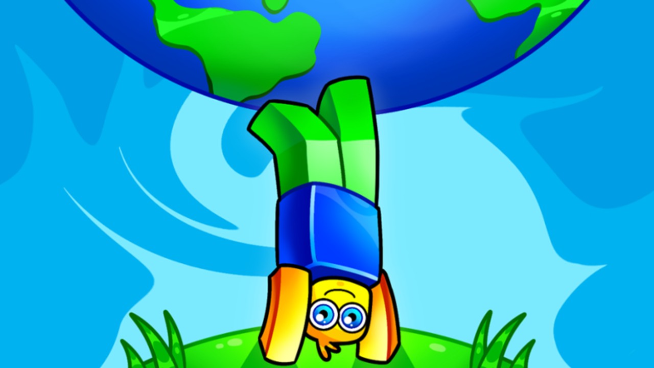 The logo for Strong Lego Simulator; a Roblox character balancing a globe on their feet