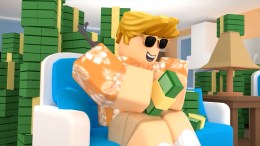 A Roblox player sitting on a chair, surrounded by cash