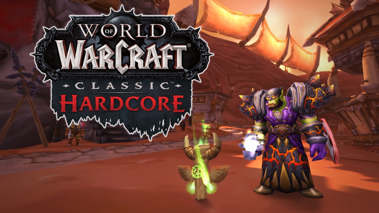 An orc Shaman stood in Orgrimmar next to the 'World of Warcraft Classic Hardcore' logo