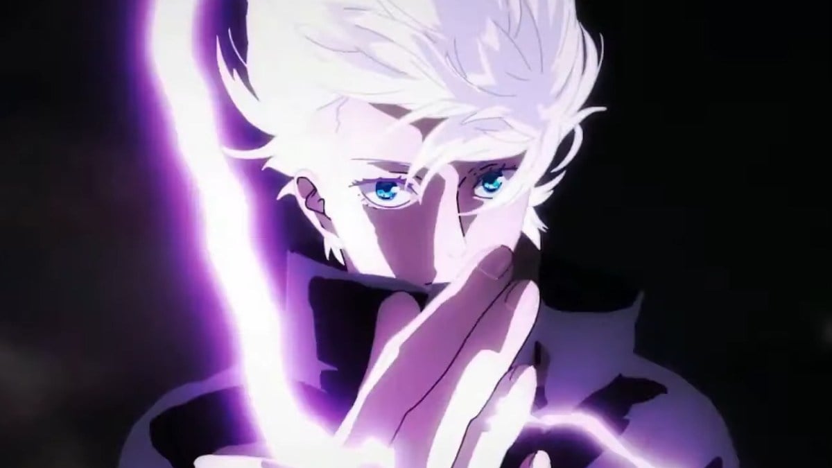 Gojo Satoru in the Jujutsu Kaisen anime holding up his hand and preparing to use his Cursed Technique.