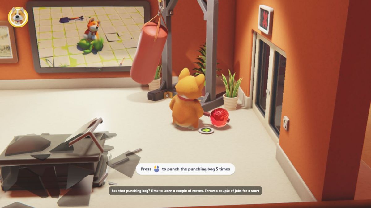 Image from Party Animals in the tutorial with a corgi character wielding a weapon next to a punching bag.
