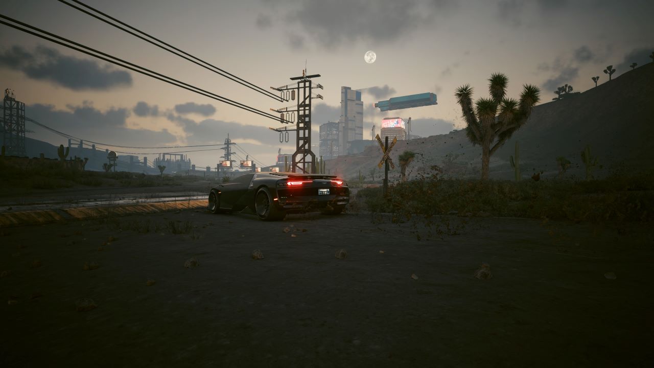 Image from Cyberpunk 2077 of the Caliburn car in-game. A desert background is on view.