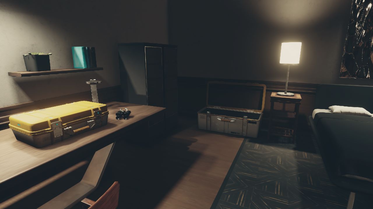Image of a room in The Lodge within Starfield showing a weapon case at the back of the room with one at the left on the table also.