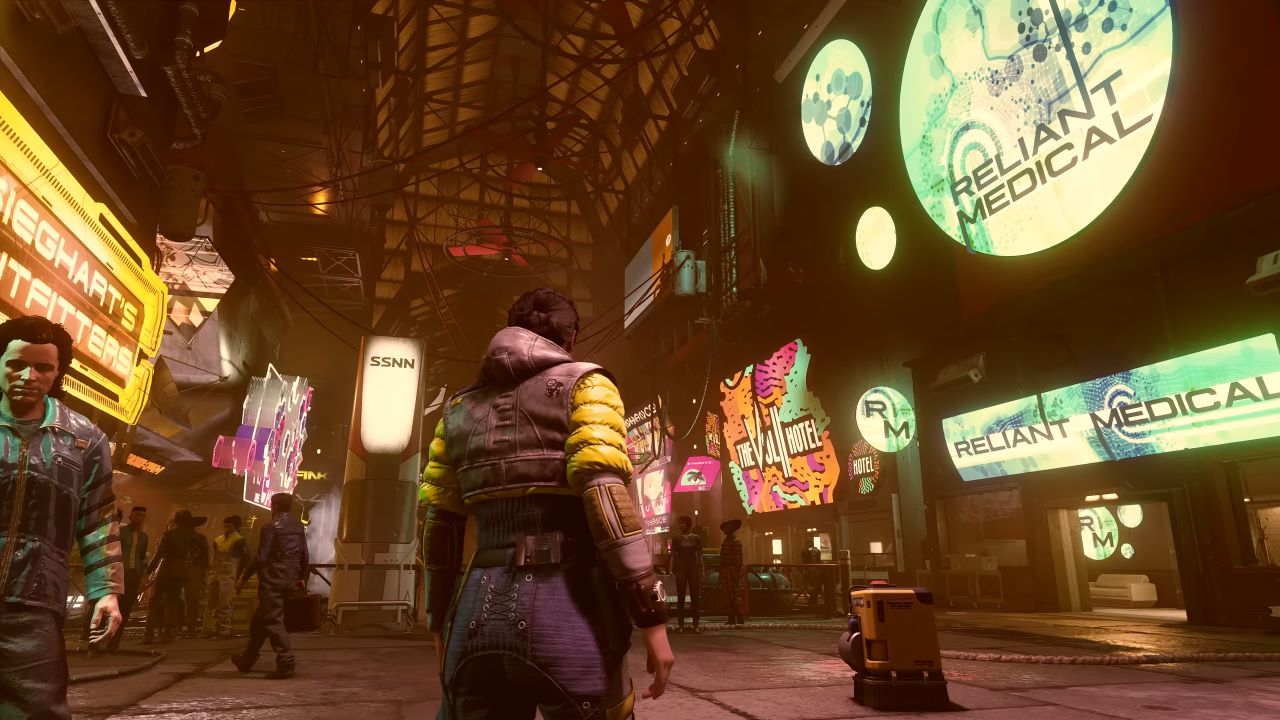 Image with a character walking through a neon-lit street in Starfield.
