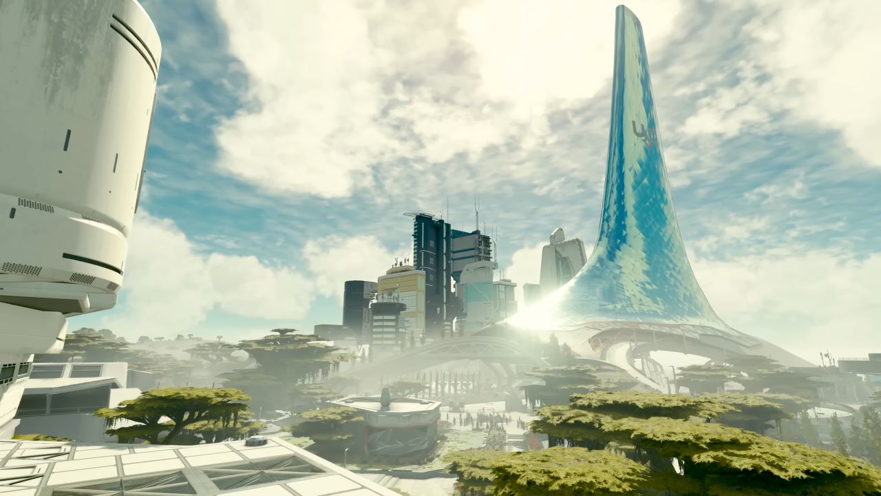 Image of a metropolis-like city on a planet in Starfield. Bright blue skies illuminate a sky piercing tower in the background.