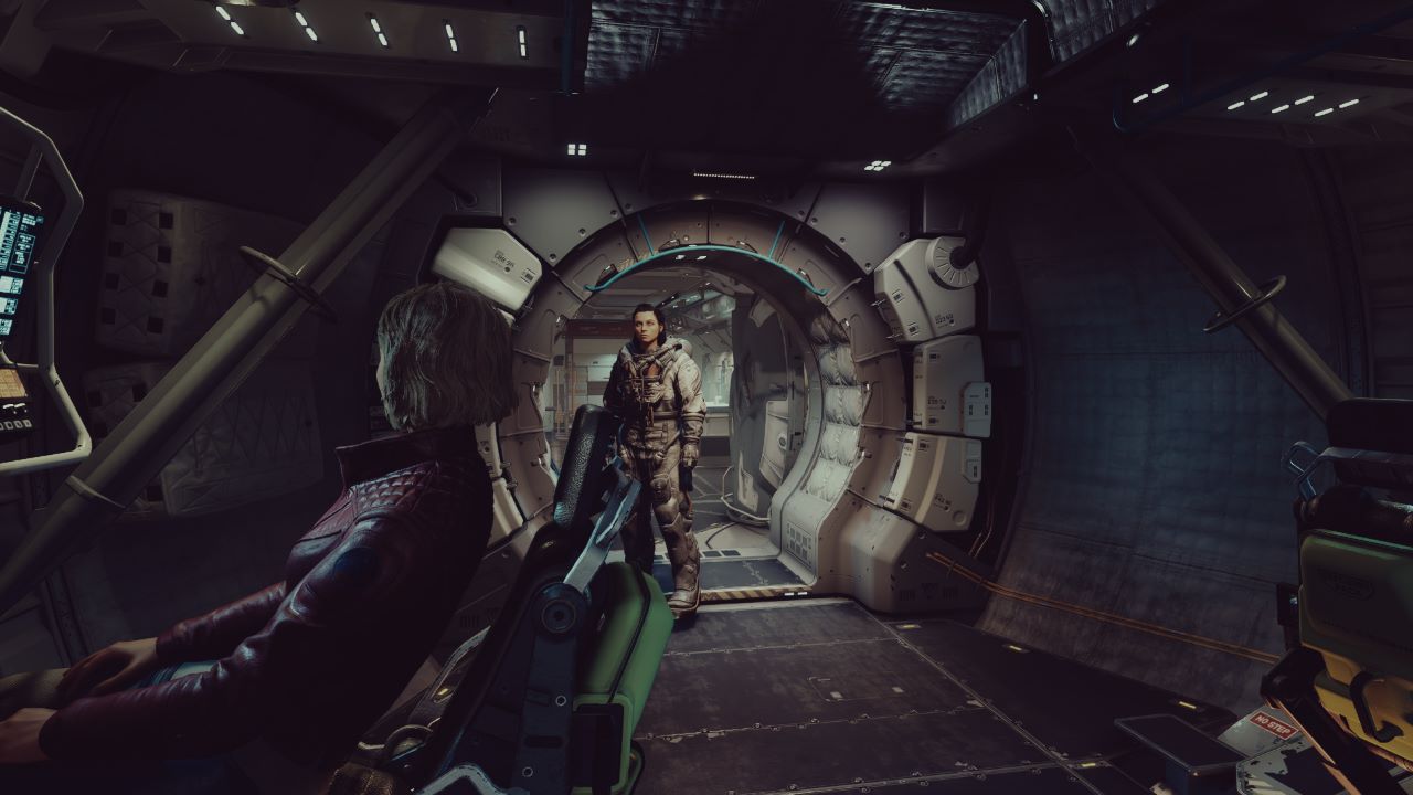 Image from Starfield on the player's ship with Sarah Morgan as a companion present and the player character in the background.