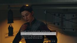 Image from Starfield showing the Quest "Escape from the Endless Voyage" in action with a choice of giving over 50 potatoes visible on screen and Diana being there.
