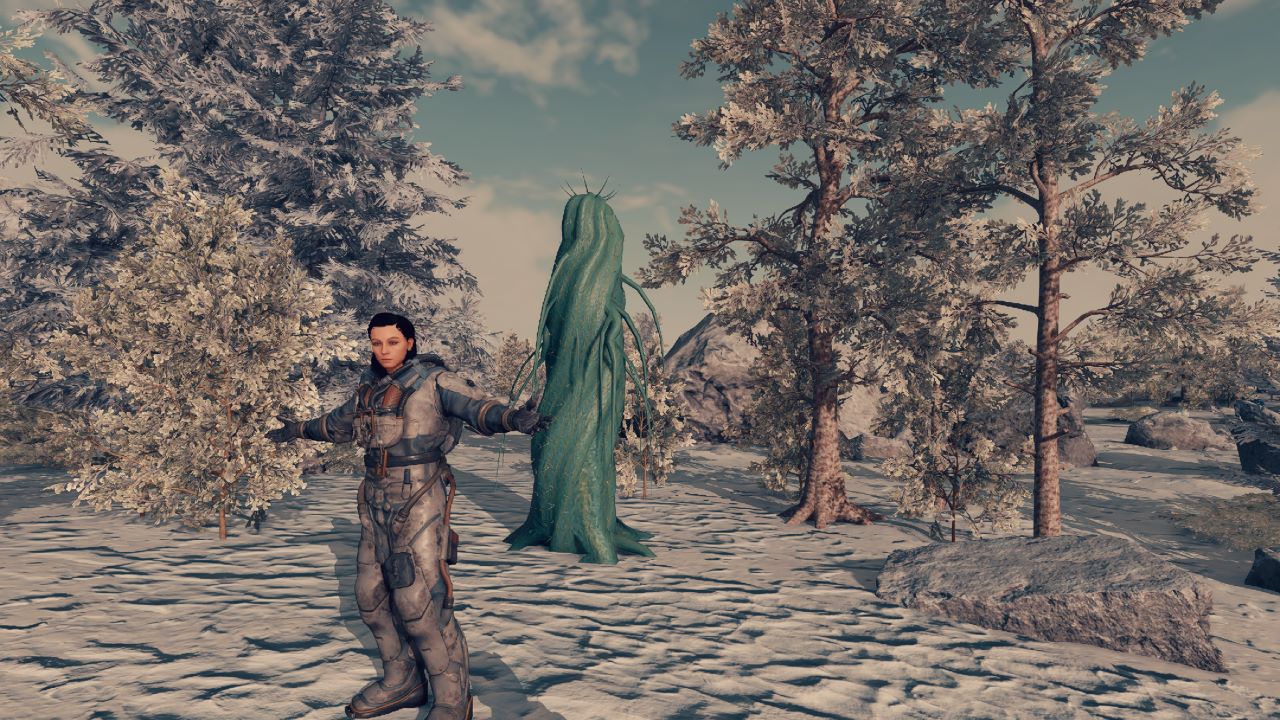 Image with a player in front of a large Frigid Palm flora in Starfield. There is a snowy background.